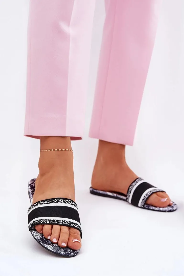 Wzorzyste Płaskie Klapki Damskie Czarne Leysi