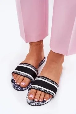 Wzorzyste Płaskie Klapki Damskie Czarne Leysi