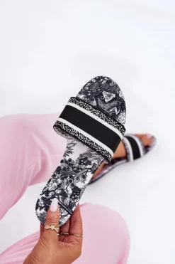 Wzorzyste Płaskie Klapki Damskie Czarne Leysi