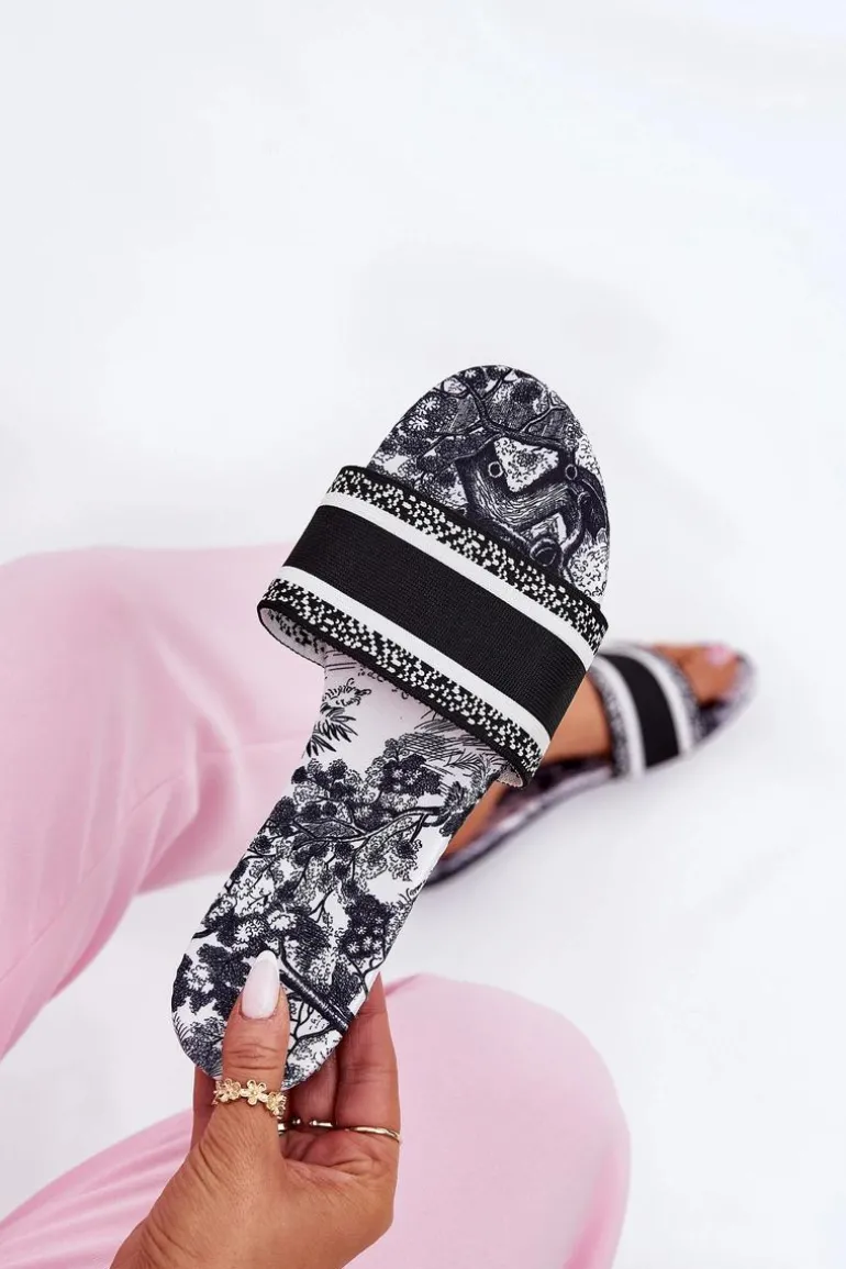 Wzorzyste Płaskie Klapki Damskie Czarne Leysi