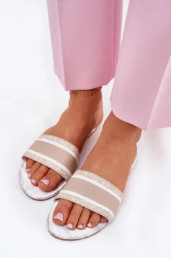 Wzorzyste Płaskie Klapki Damskie Beżowe Leysi