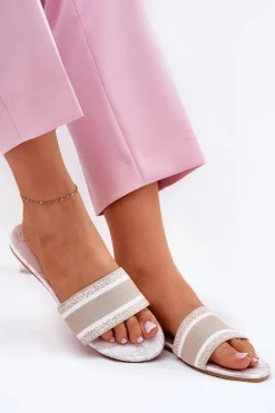 Wzorzyste Płaskie Klapki Damskie Beżowe Leysi