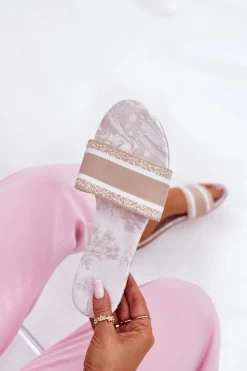 Wzorzyste Płaskie Klapki Damskie Beżowe Leysi