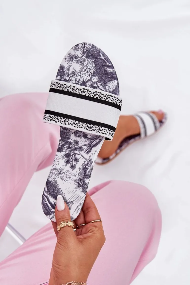 Wzorzyste Płaskie Klapki Damskie Białe Leysi