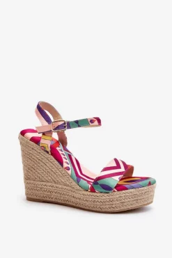 Wzorzyste Sandały Na Koturnie Z Plecionki Multikolor Anihazra