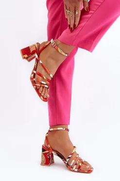 Wzorzyste Sandały Na Słupku Pomarańczowe Jenglla