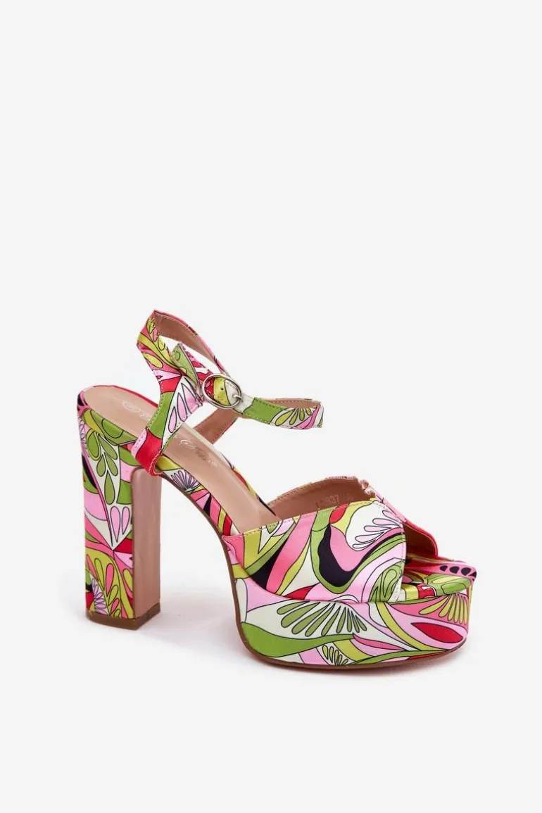 Wzorzyste Sandały Na Słupku I Platformie Różowo-Zielone Slaria