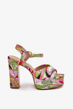 Wzorzyste Sandały Na Słupku I Platformie Różowo-Zielone Slaria
