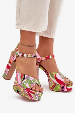 Wzorzyste Sandały Na Słupku I Platformie Różowo-Zielone Slaria