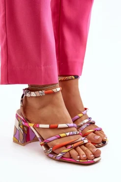 Wzorzyste Sandały Na Słupku Fioletowe Jenglla