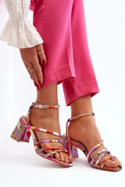 Wzorzyste Sandały Na Słupku Fioletowe Jenglla