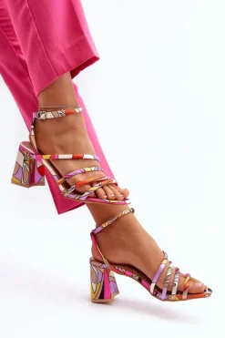 Wzorzyste Sandały Na Słupku Fioletowe Jenglla