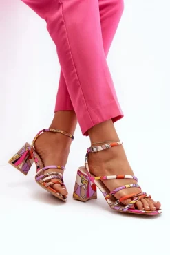 Wzorzyste Sandały Na Słupku Fioletowe Jenglla
