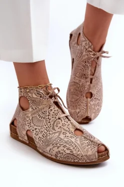 Wzorzyste Skórzane Botki Maciejka 03426-02 Beżowe