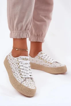 Wzorzyste Trampki Damskie Na Platformie Z Plecionką Lee Cooper LCW-25-08-3648L Biało-Złote
