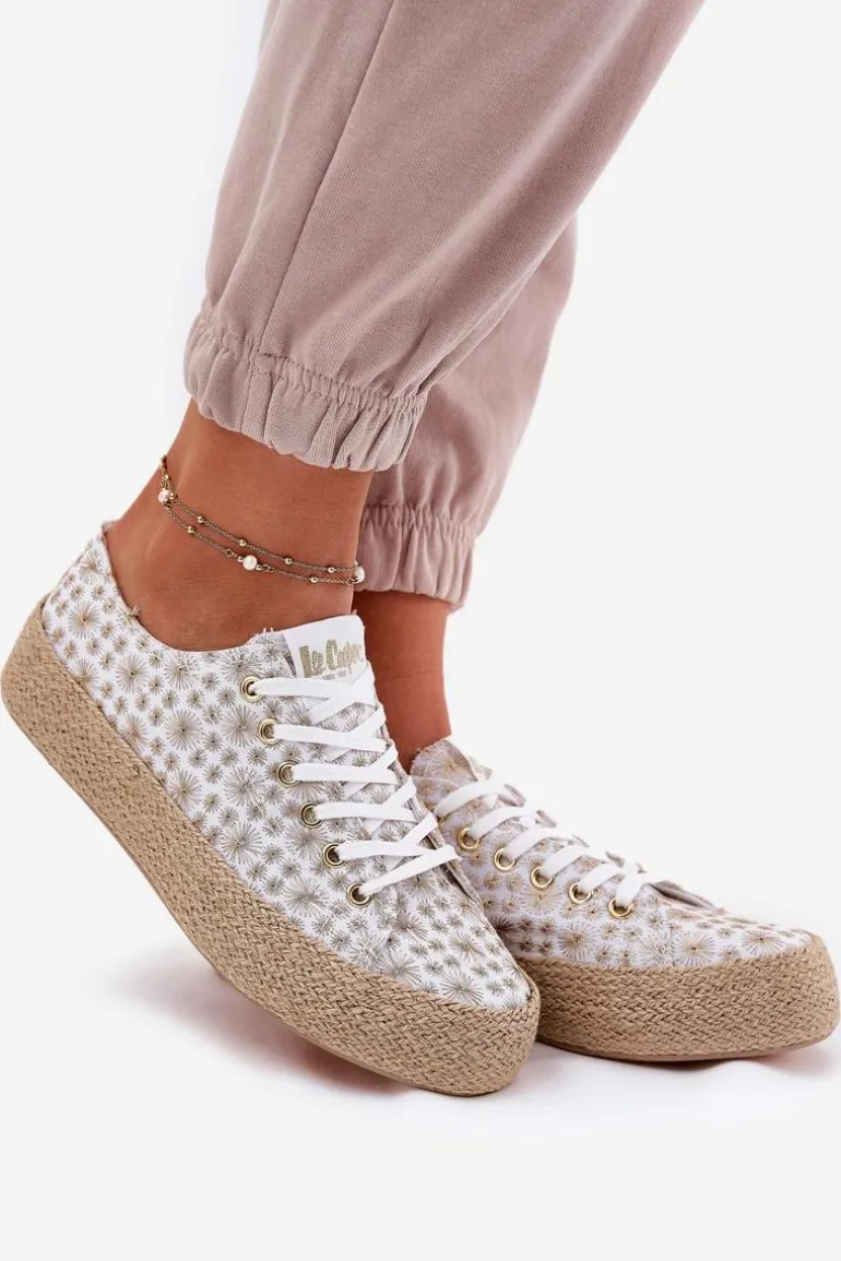 Wzorzyste Trampki Damskie Na Platformie Z Plecionką Lee Cooper LCW-25-08-3648L Biało-Złote