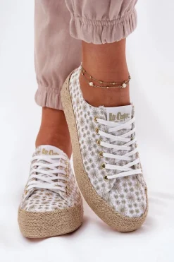 Wzorzyste Trampki Damskie Na Platformie Z Plecionką Lee Cooper LCW-25-08-3648L Biało-Złote