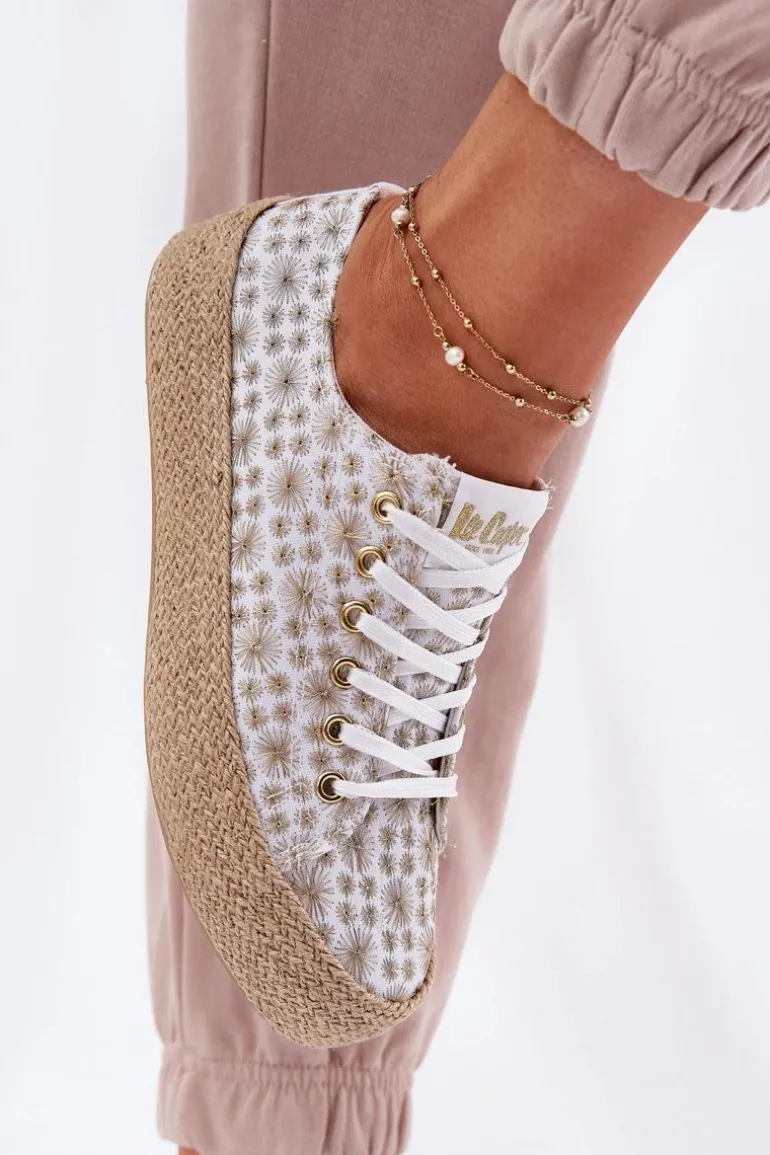 Wzorzyste Trampki Damskie Na Platformie Z Plecionką Lee Cooper LCW-25-08-3648L Biało-Złote