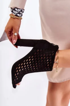 Zamszowe Ażurowe Botki Czarne Jenissa