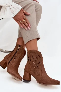 Zamszowe Ażurowe Botki Damskie Na Słupku Zazoo 3647 Brązowe