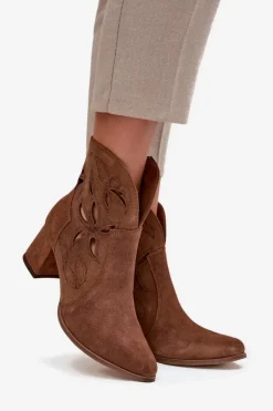 Zamszowe Ażurowe Botki Damskie Na Słupku Zazoo 3647 Brązowe