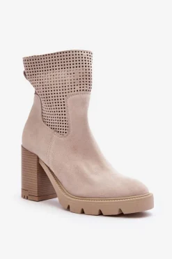 Zamszowe Ażurowe Botki Damskie Na Słupku Jasnobeżowe Lewski 3386