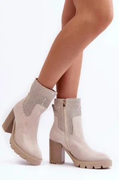 Zamszowe Ażurowe Botki Damskie Na Słupku Jasnobeżowe Lewski 3386