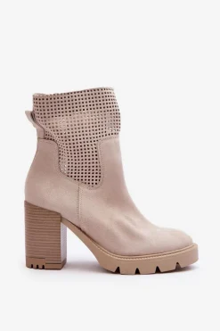 Zamszowe Ażurowe Botki Damskie Na Słupku Jasnobeżowe Lewski 3386