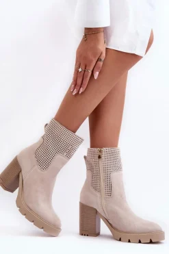 Zamszowe Ażurowe Botki Damskie Na Słupku Jasnobeżowe Lewski 3386