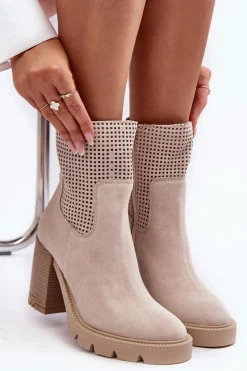 Zamszowe Ażurowe Botki Damskie Na Słupku Jasnobeżowe Lewski 3386