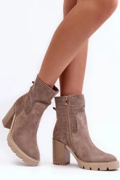 Zamszowe Ażurowe Botki Damskie Na Słupku Beżowe Lewski 3386