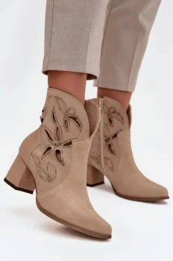 Zamszowe Ażurowe Botki Damskie Na Słupku Zazoo 3647 Beżowe