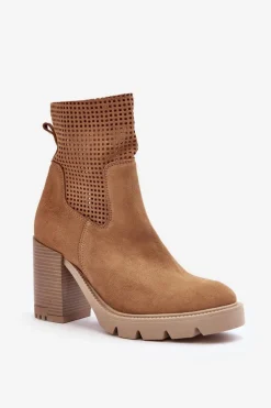 Zamszowe Ażurowe Botki Damskie Na Słupku Camel Lewski 3386