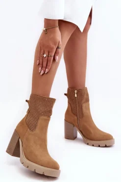 Zamszowe Ażurowe Botki Damskie Na Słupku Camel Lewski 3386