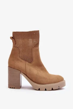 Zamszowe Ażurowe Botki Damskie Na Słupku Camel Lewski 3386