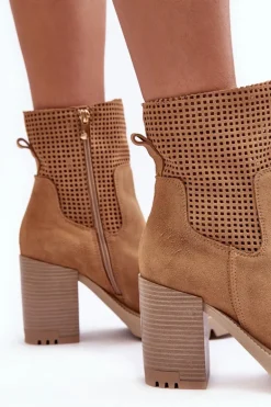 Zamszowe Ażurowe Botki Damskie Na Słupku Camel Lewski 3386