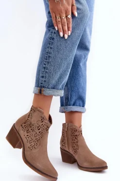 Zamszowe Ażurowe Botki Kowbojki D&A SN622-21 Ciemnobeżowe