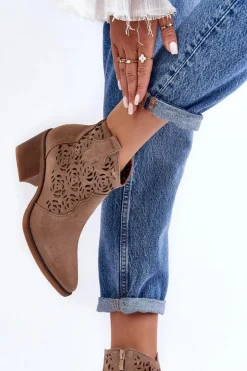 Zamszowe Ażurowe Botki Kowbojki D&A SN622-21 Ciemnobeżowe