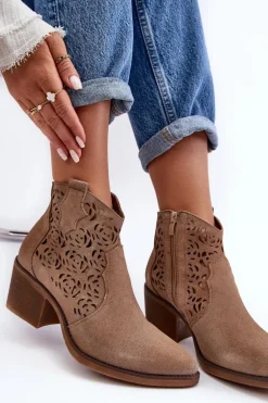 Zamszowe Ażurowe Botki Kowbojki D&A SN622-21 Ciemnobeżowe