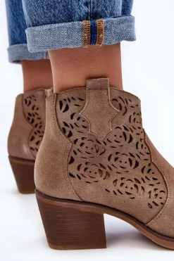 Zamszowe Ażurowe Botki Kowbojki D&A SN622-21 Ciemnobeżowe
