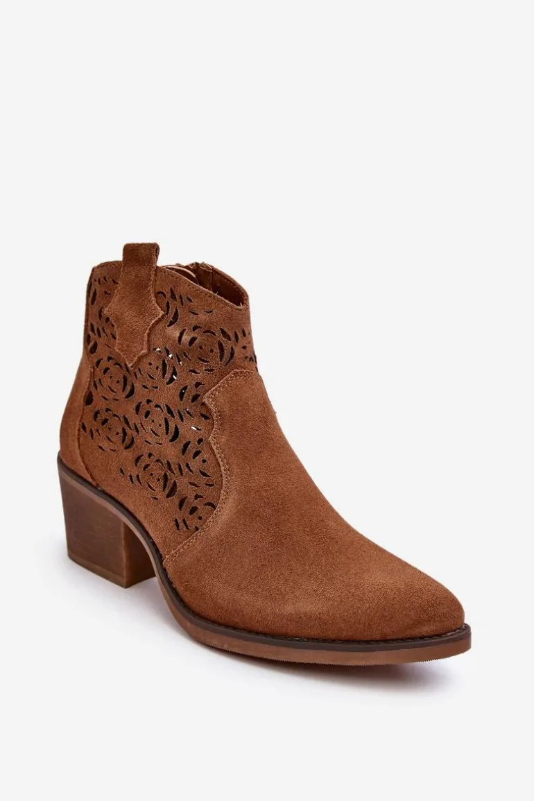 Zamszowe Ażurowe Botki Kowbojki D&A SN622-21 Camel