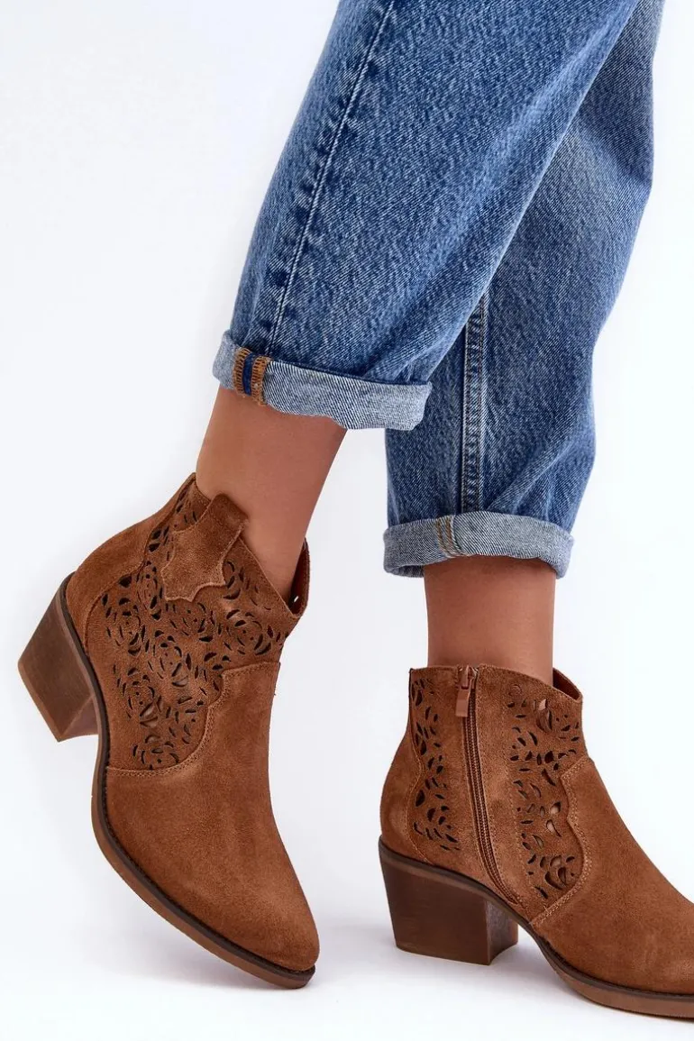 Zamszowe Ażurowe Botki Kowbojki D&A SN622-21 Camel