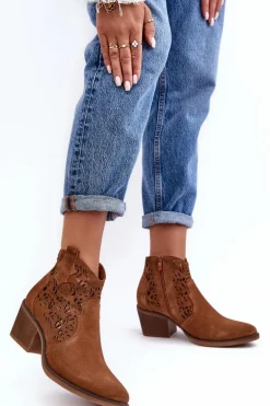 Zamszowe Ażurowe Botki Kowbojki D&A SN622-21 Camel