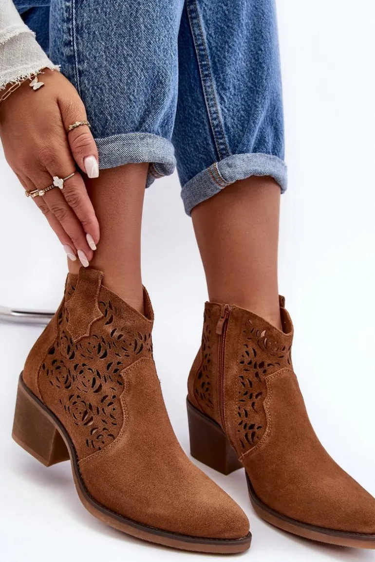 Zamszowe Ażurowe Botki Kowbojki D&A SN622-21 Camel
