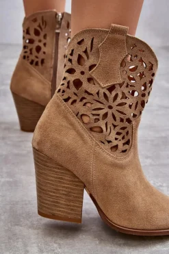 Zamszowe Ażurowe Botki Kowbojki Lewski Shoes 3265 Ciemnobeżowe