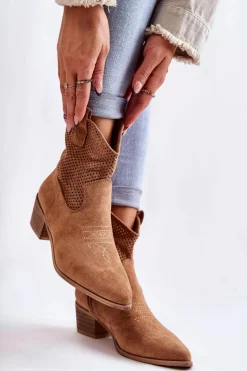 Zamszowe Ażurowe Botki Kowbojki Z Przeszyciem Camel Elvire
