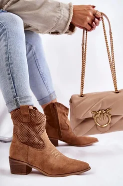 Zamszowe Ażurowe Botki Kowbojki Z Przeszyciem Camel Elvire