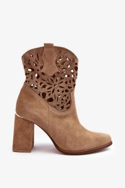 Zamszowe Ażurowe Botki Lewski Shoes 3264 Ciemnobeżowe