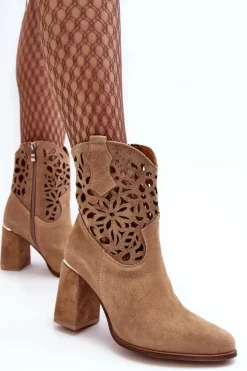 Zamszowe Ażurowe Botki Lewski Shoes 3264 Ciemnobeżowe