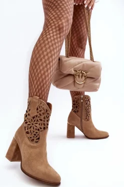 Zamszowe Ażurowe Botki Lewski Shoes 3264 Ciemnobeżowe